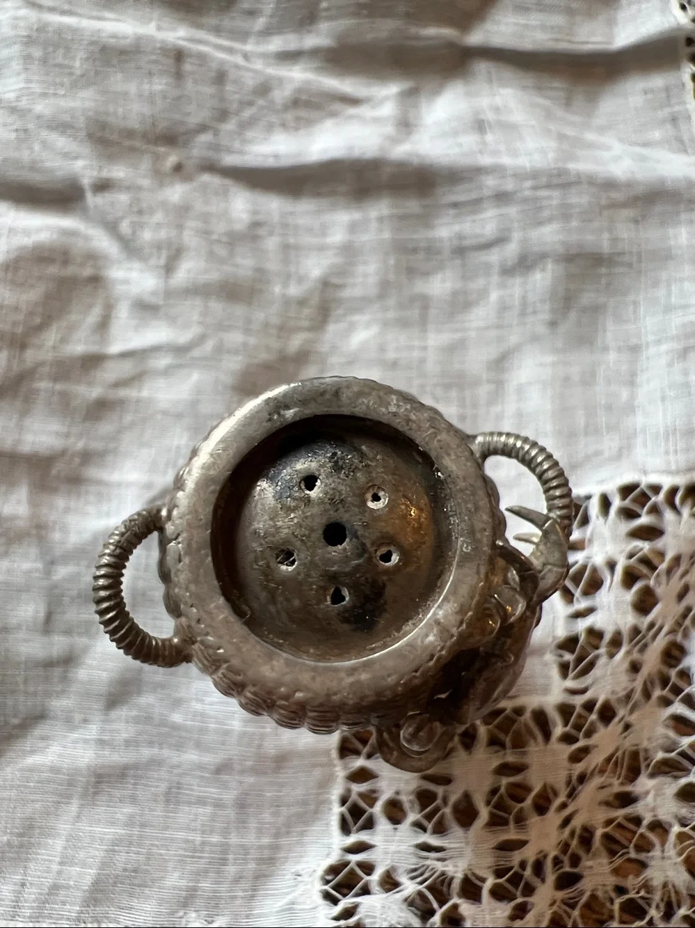 Antique Japanese Sterling Silver Lantern Basket crab Salt Shaker Meiji Period